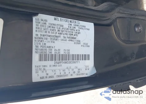 2003 Ford Crown Victoria Lx из США, поврежденный, VIN 2FAFP74W33X208771